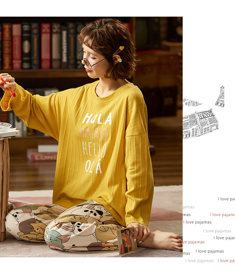 雪可儿2020秋冬新款少女睡衣可外穿家居服娃娃圆领抽条纯棉套装