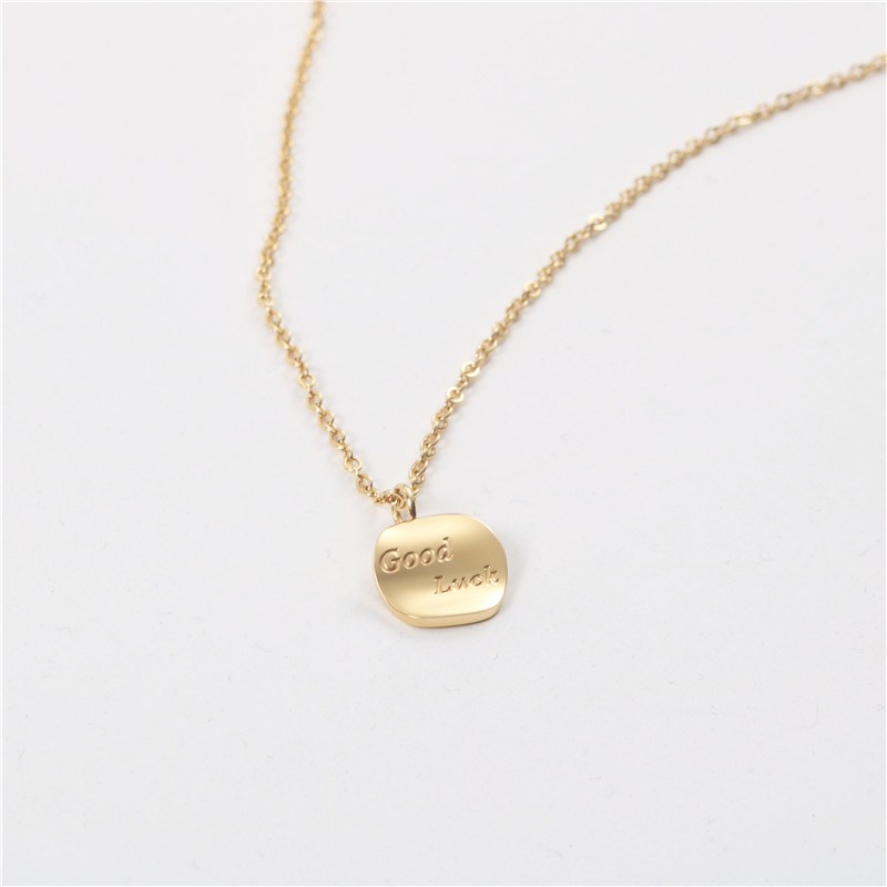 韩国进口镀14k金项链 goodluck好运刻字弧度小圆牌金锁骨链 女