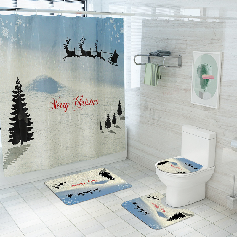 Exclusive for Cross-Border Christmas Element Printing Toilet Floor Mat Four-Piece Snow Christmas Tree Waterproof Shower Curtain DIY Pattern