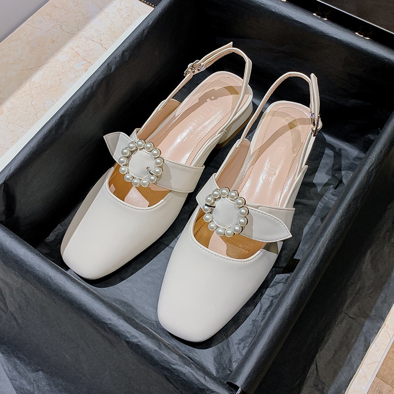 仙女风小ck包头鞋女夏季2020低跟平底珍珠凉鞋一字扣带半包凉拖鞋