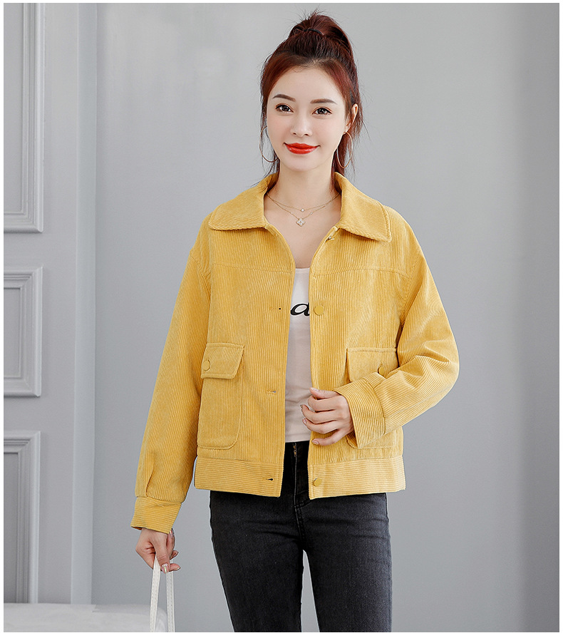 实拍短款外套女春秋新款黄色宽松韩版时尚百搭条绒灯芯绒上衣