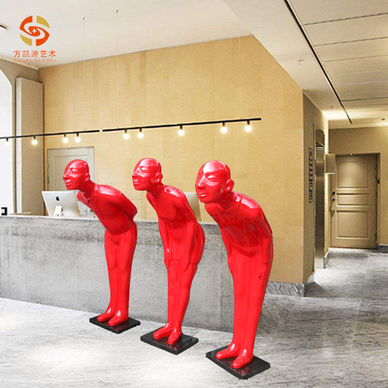 欢迎光临门口鞠躬玻璃钢迎宾红人摆件落地艺术品酒店会所雕塑