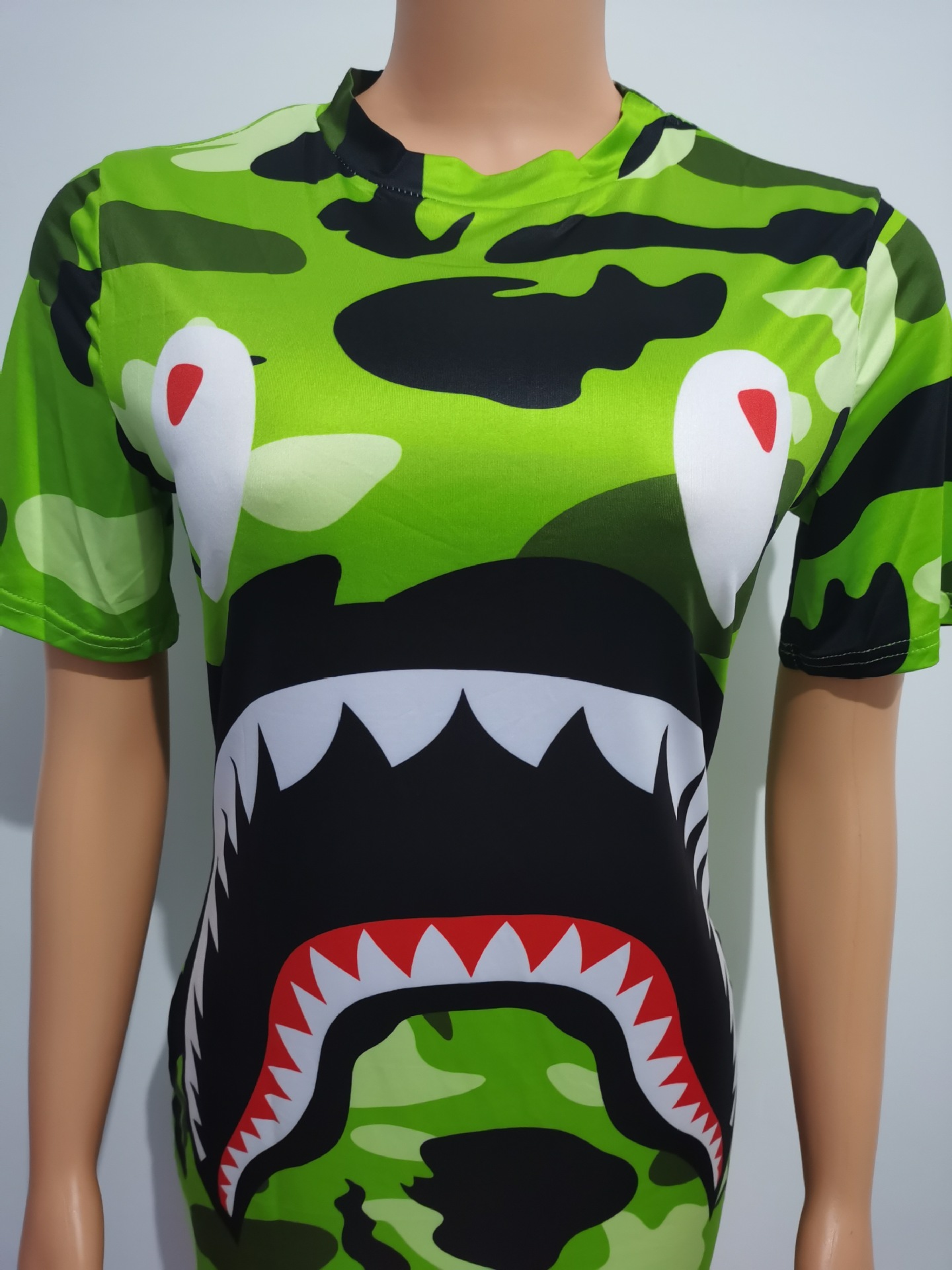 ff1013欧美女装亚马逊跨境欧美新品鲨鱼嘴数码印花短袖连衣裙