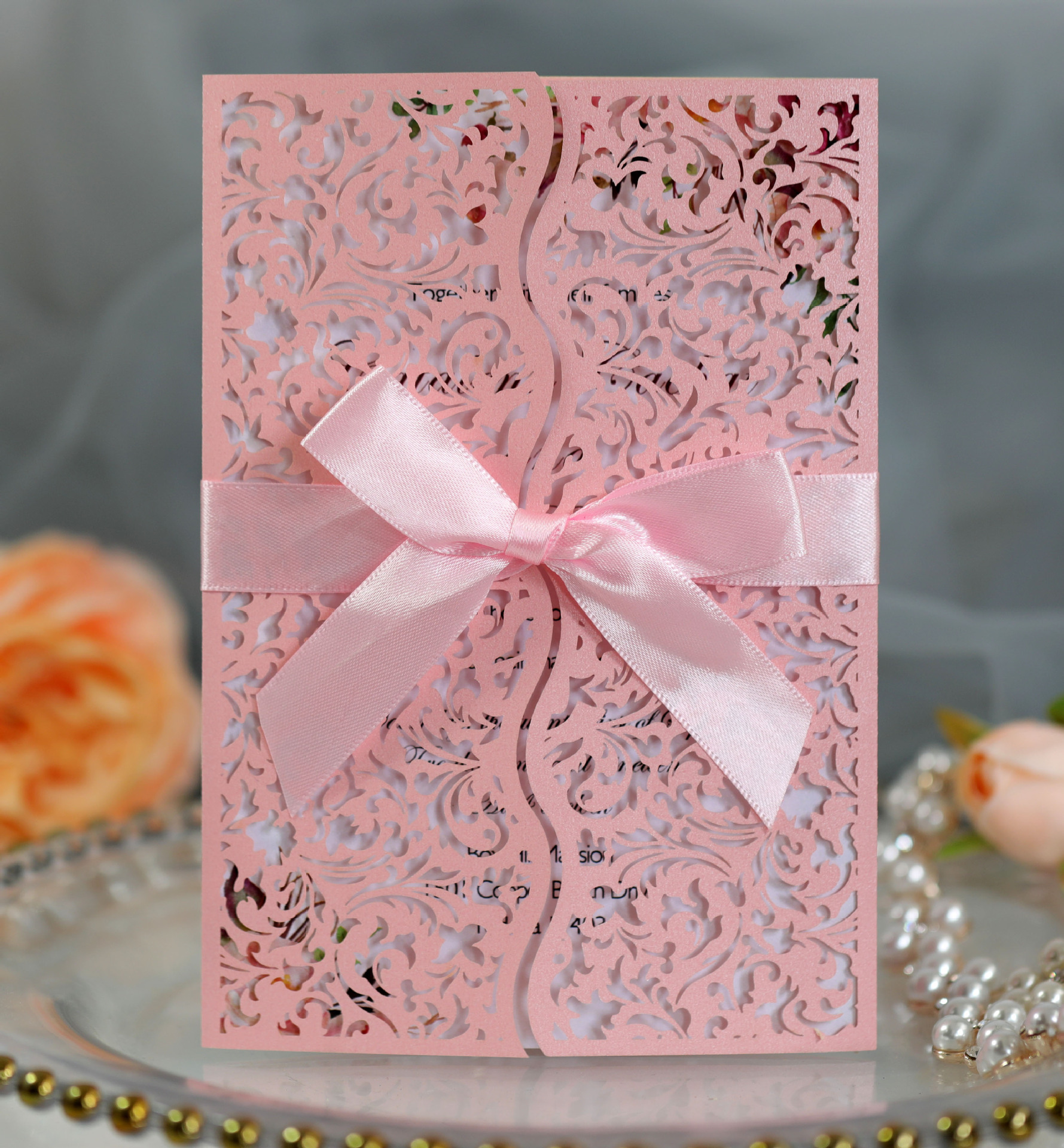 珠光纸250g激光卡片镂空请柬节日粉色贺卡结婚邀请函深圳批发