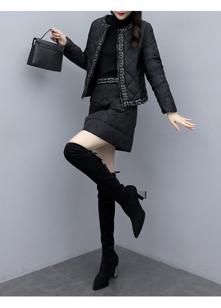 黑色时尚套装女2020冬季新款女装两件套裙短款休闲羽绒棉服短裙子