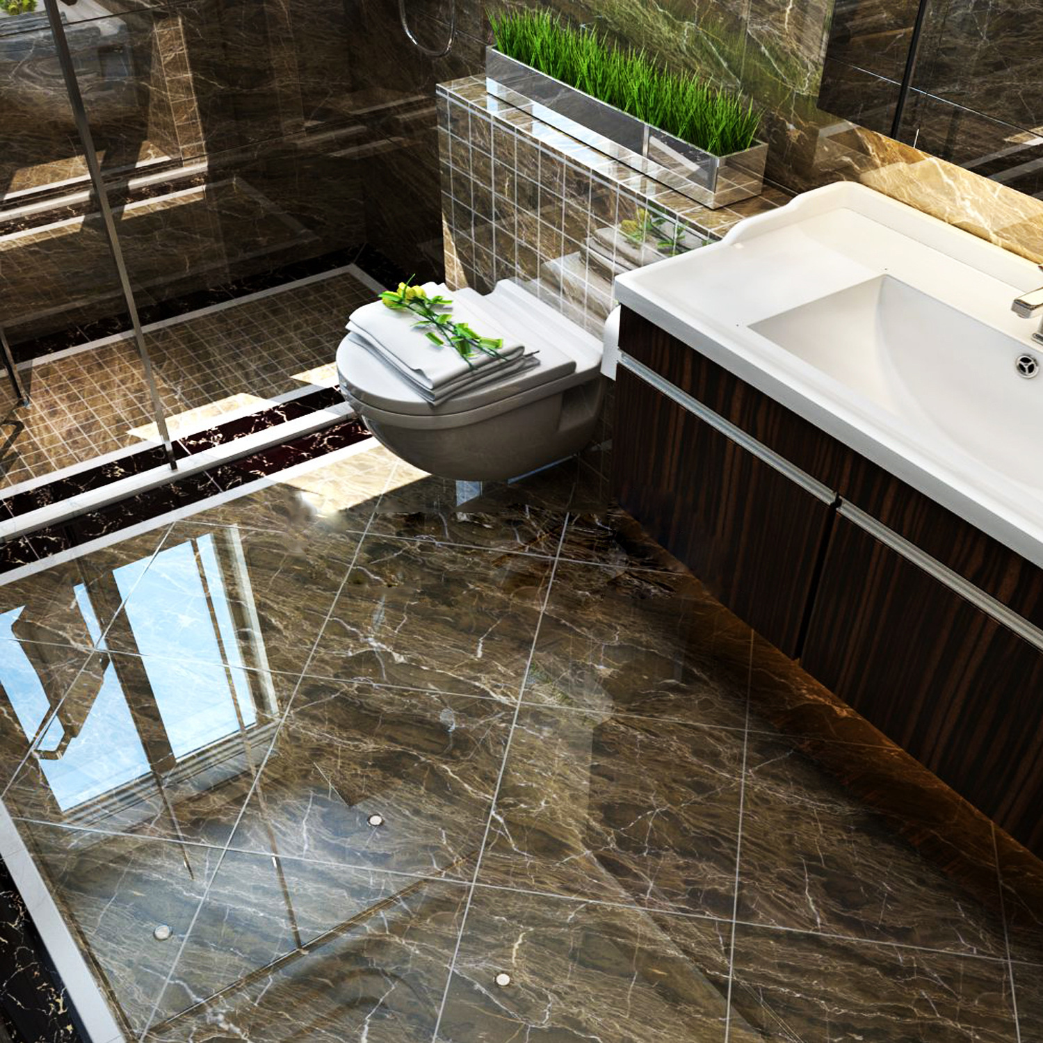 瓷砖卫生间水池鱼池深色防滑咖啡色石材背景墙砖抛釉地砖800x800地板