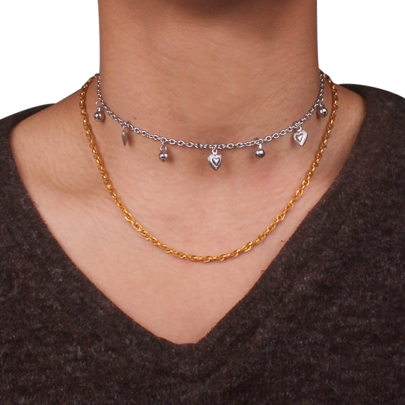 不锈钢 嘻哈铃铛项链爱心颈圈choker夜店项圈 土酷首饰网红吊坠