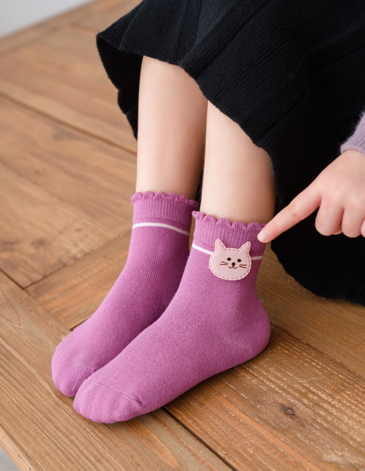 女童袜子春秋纯棉薄款儿童宝宝秋冬季大中童粉色花边公主中筒棉袜