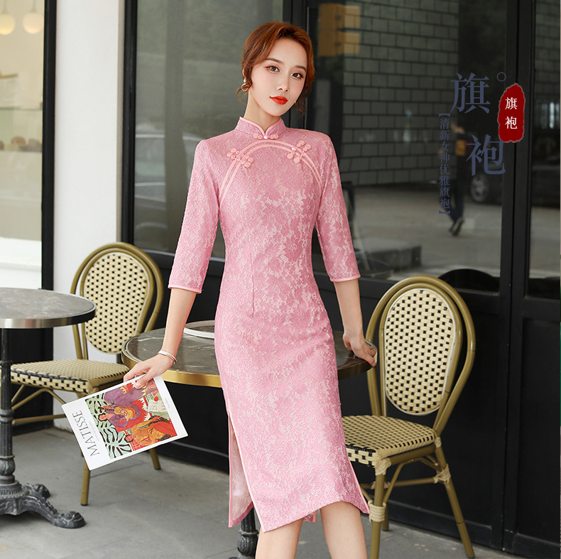 新式旗袍年轻款少女中长款酒红色秋冬敬酒服蕾丝新娘回门结婚礼服