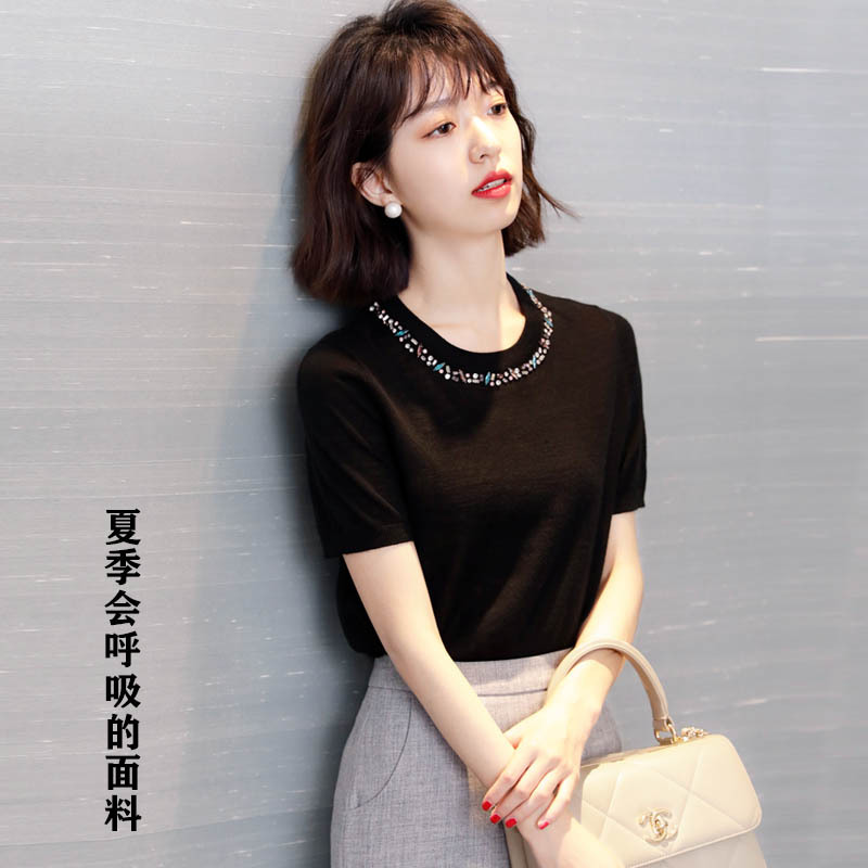Summer Ice Silk Short Sleeve T-shirt Women's Solid Color Heavy Industry Beads Knitwear Loose and Elegant Thin Top Wholesale