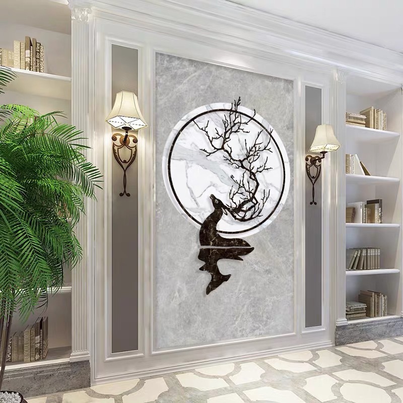 瓷砖玄关过道3d大板北欧简约麋鹿大理石纹装饰客厅过道瓷砖背景墙