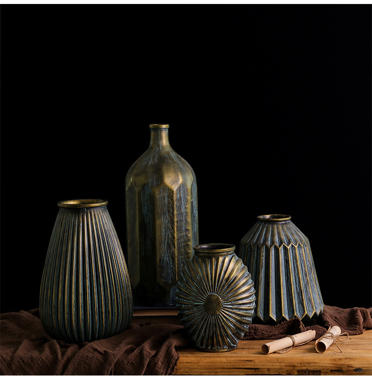 仿古摆件怀旧做旧复古仿铜玻璃花瓶家居装饰品客厅插花青铜欧式大