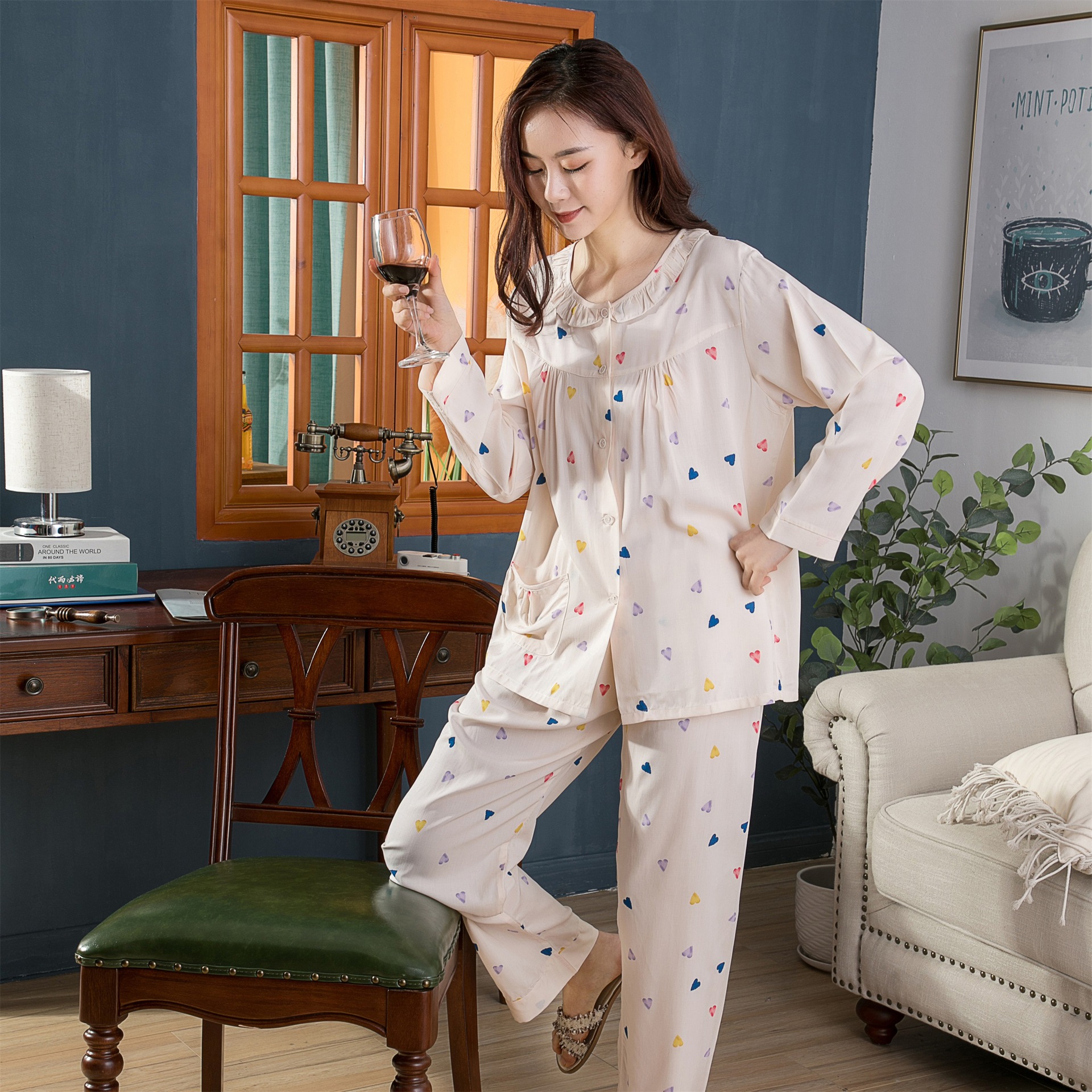 睡衣春夏秋梭织纯棉绸睡衣女士简约舒适长袖薄款开衫人造棉家居服