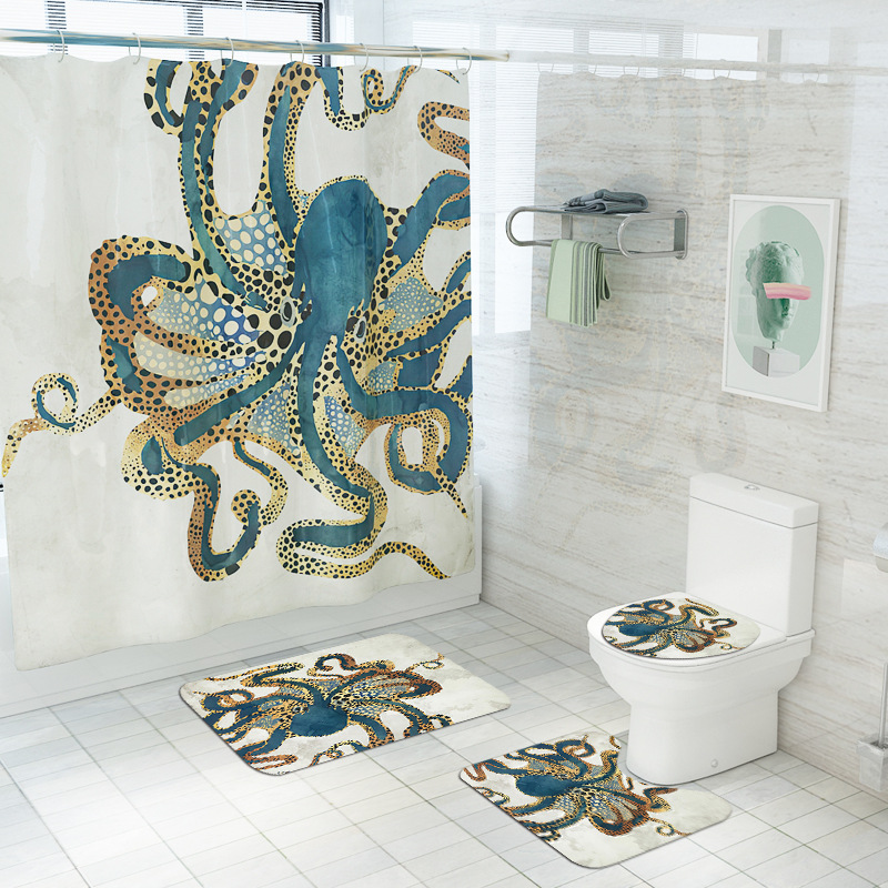 Foreign Trade New Blue Octopus Printing Toilet Floor Mat Shower Curtain Four-Piece Bathroom Carpet Set Cross-Border Hot Sale
