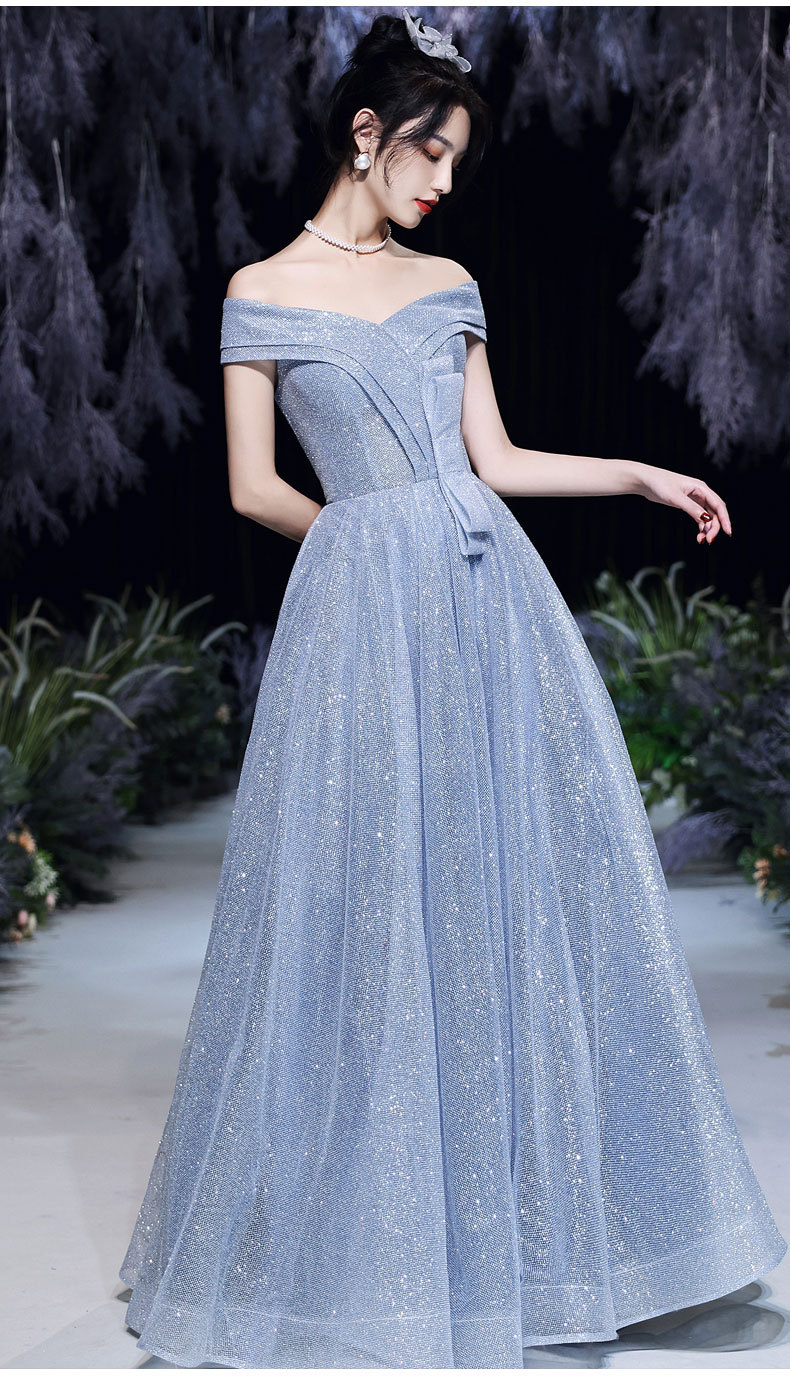 晚礼服裙女宴会2020新款主持人优雅时尚一字肩蓝色晚礼服一件代货