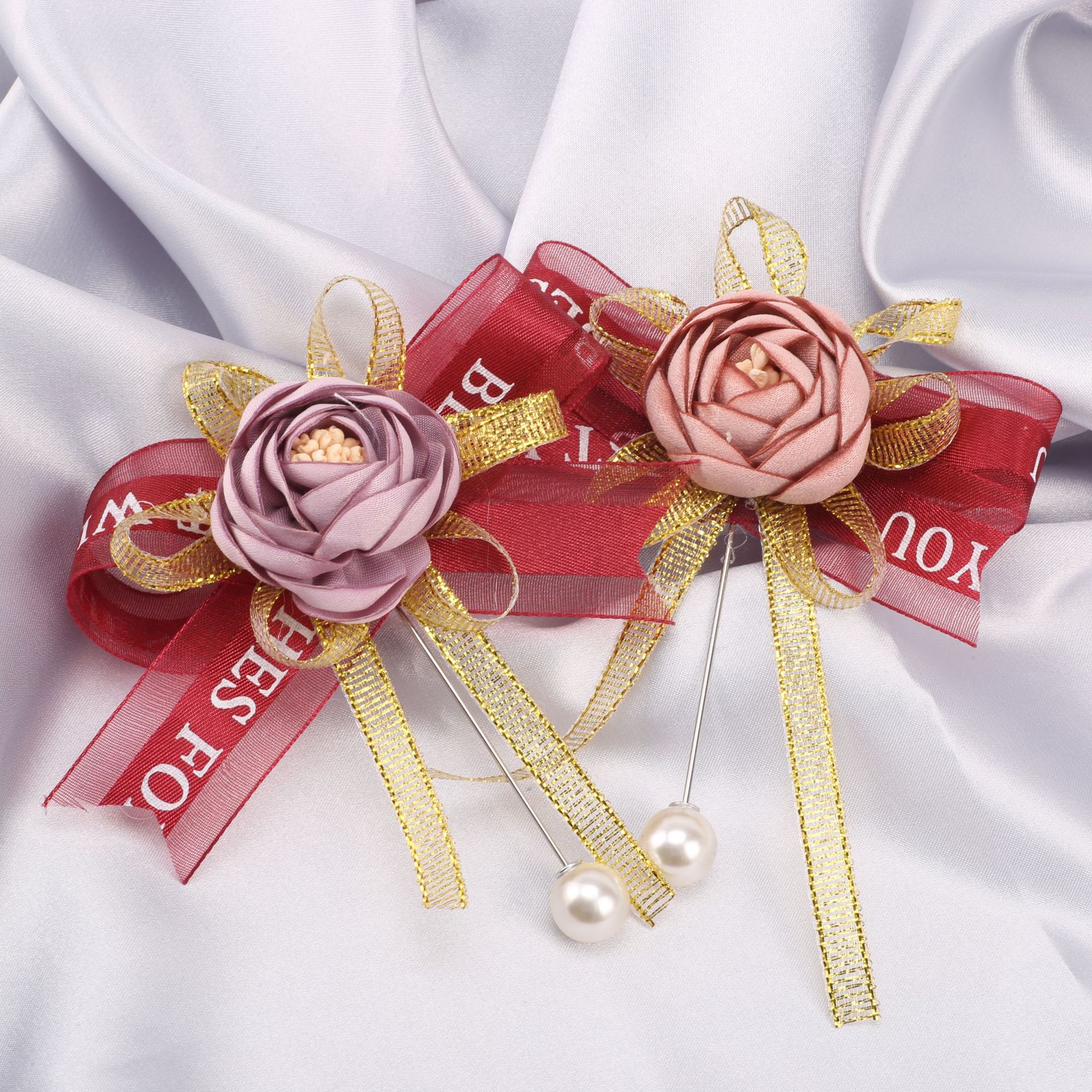 厂家直销欧美伴郎伴娘仿真花玫瑰丝带胸针婚庆用品胸针现货xh108