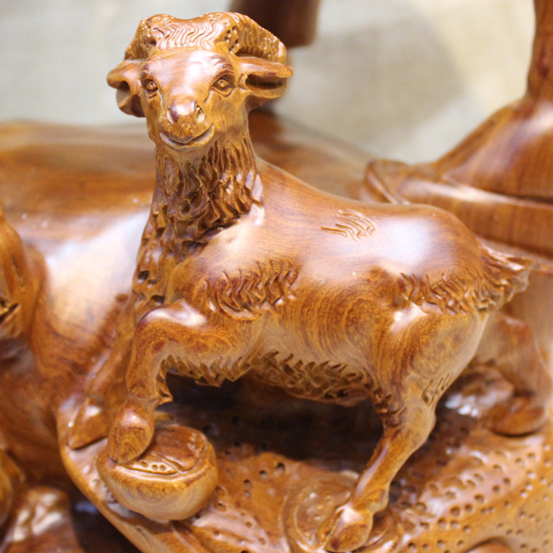 生肖羊木雕缅甸花梨木三阳开泰领头羊雕刻山羊木雕摆件红木工艺品
