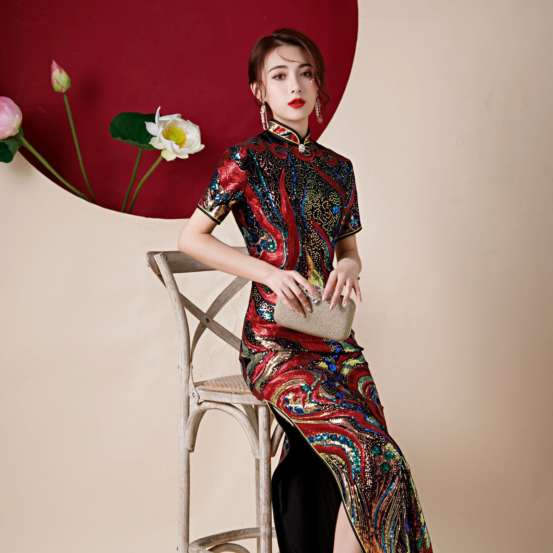 8841秋冬新款丝绒亮片舞台走秀旗袍裙中袖妈妈演出旗袍复古中国风