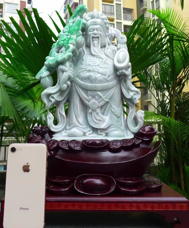 17斤缅甸天然双彩阳绿翡翠财神爷大摆件a货原石财神爷翡翠摆件玉