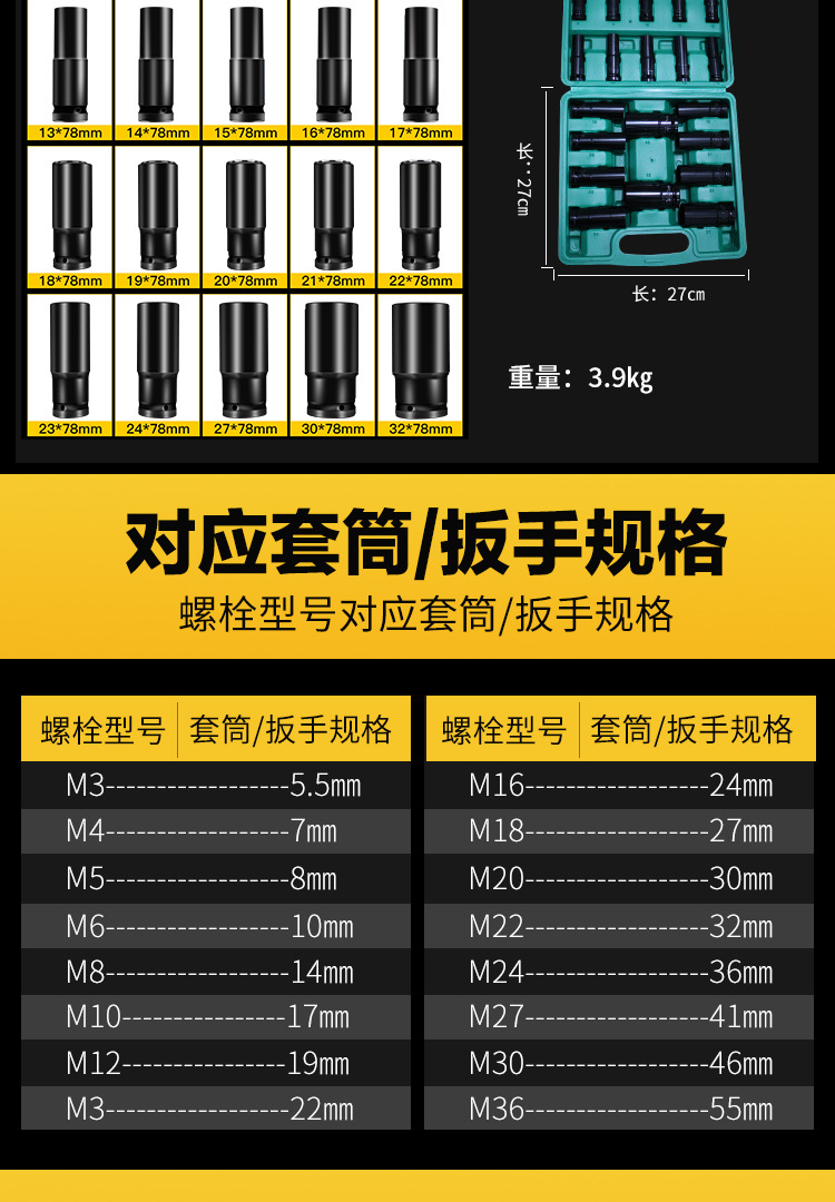 黄小超加长电动扳手套筒套装螺丝螺母手电钻内六角风炮套筒头8-32