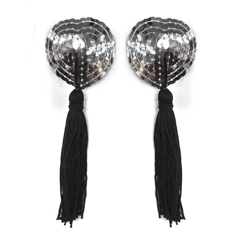 情趣内衣配饰隐形无痕硅胶心形亮片流苏情趣乳贴4002