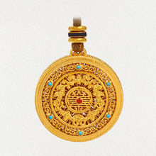 老挝砂金黄铜镀黄金花丝镶嵌五福如意吊坠挂件项链饰品女