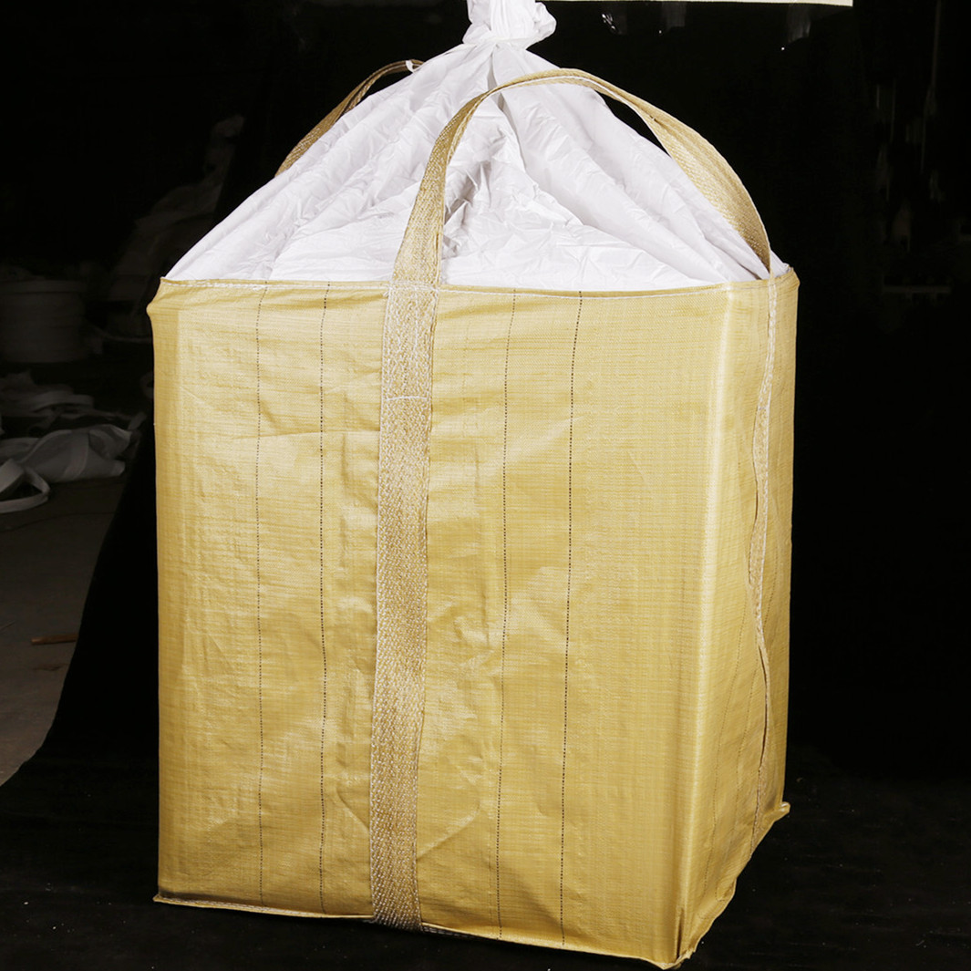 吨袋吊装黄色工业用加厚再生料封口布平底十字托底两吊环运输吨袋