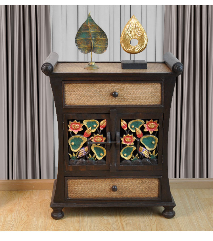 泰式实木雕花床头柜收纳柜东南亚复古风格家用小柜子矮柜子茶水柜