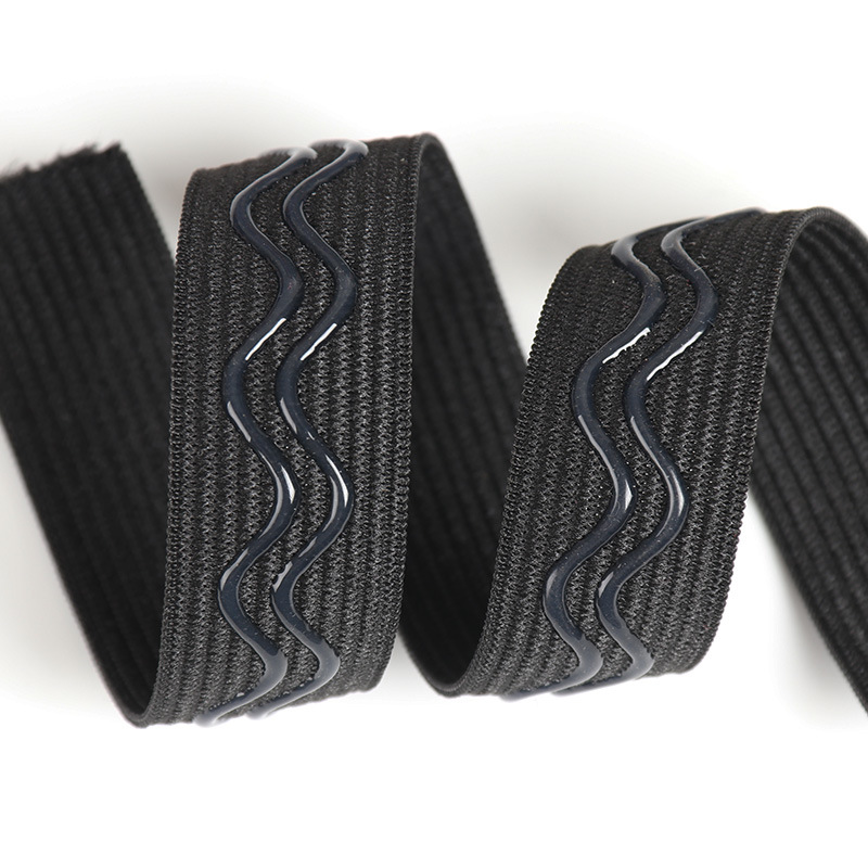 厂家直销动运服装下摆黑白色防滑松紧带 弹力波浪硅胶钩编橡筋