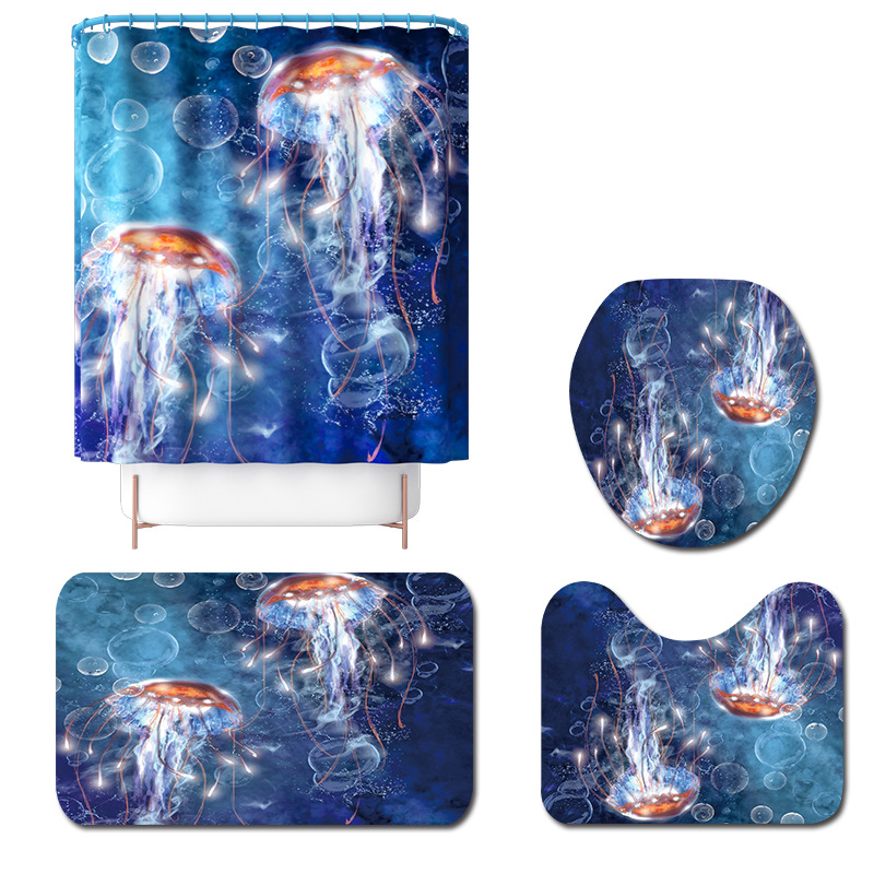 New Blue Bottom Jellyfish Shower Curtain Carpet Four-Piece Bathroom Non-Slip Mat Set Amazon One Piece Dropshipping
