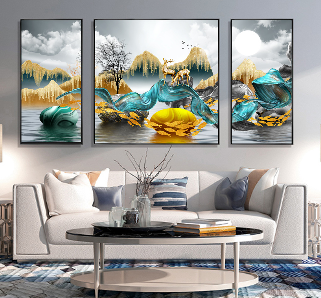 酒店宾馆客厅装饰画现代简约北欧式镶钻5d晶瓷画三联画沙发背景墙