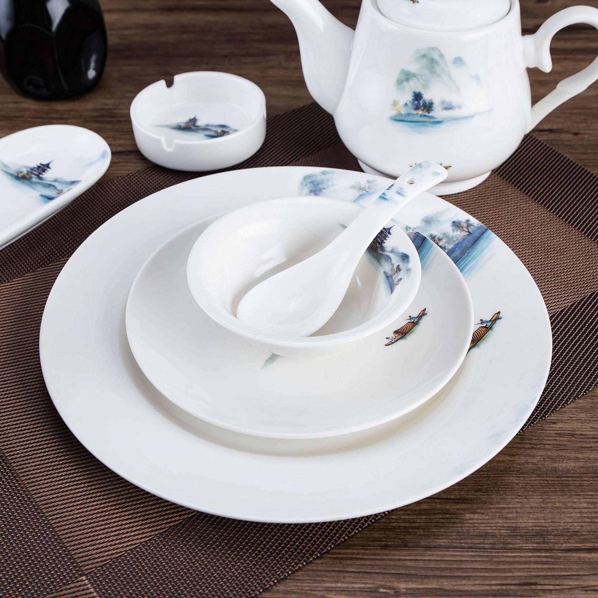 中式酒店摆台陶瓷餐具五件套盘碗碟勺杯筷餐厅会所山水画餐具套装