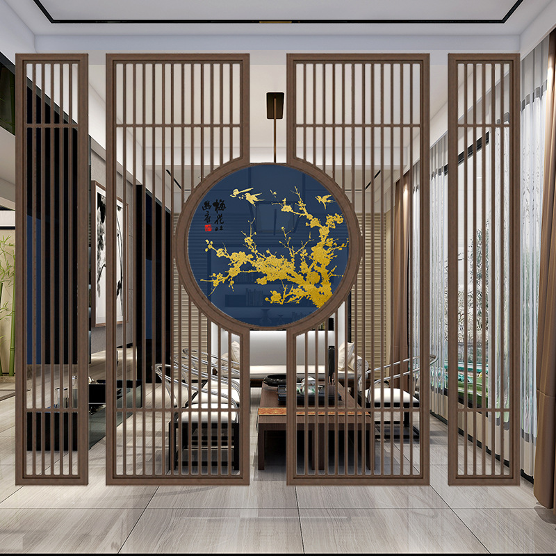工厂直销新中式实木圆型木栅栏屏风客厅酒店玄关隔断花格座屏风