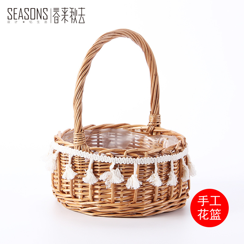 流苏花篮藤编编织篮子花童小花篮手提摆件竹篮子装饰手工插花编织