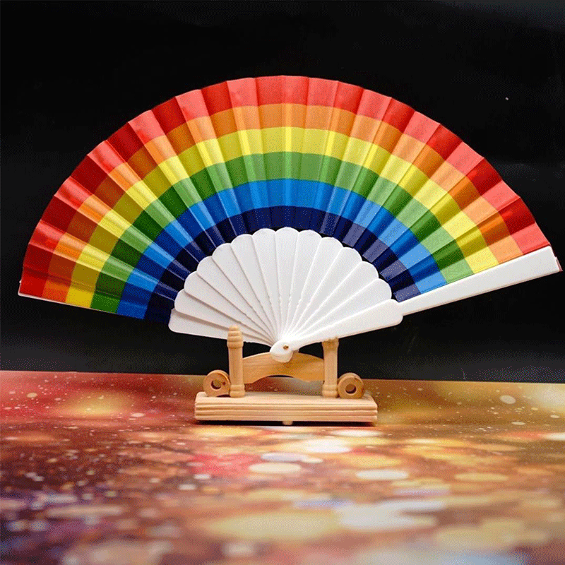 日韩ins少女彩虹夏季撞色蹦迪土酷扇子学生原宿风凹造型折扇凉扇