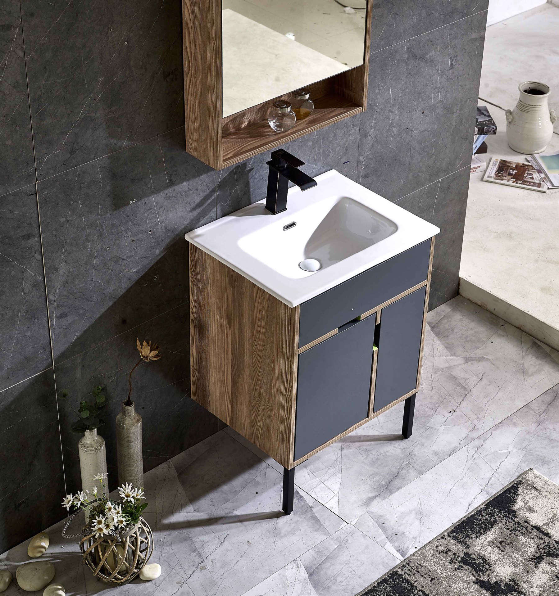 轻奢洗手盆镜柜组合落地式防水工业风浴室柜简约实木卫浴柜qy-v36