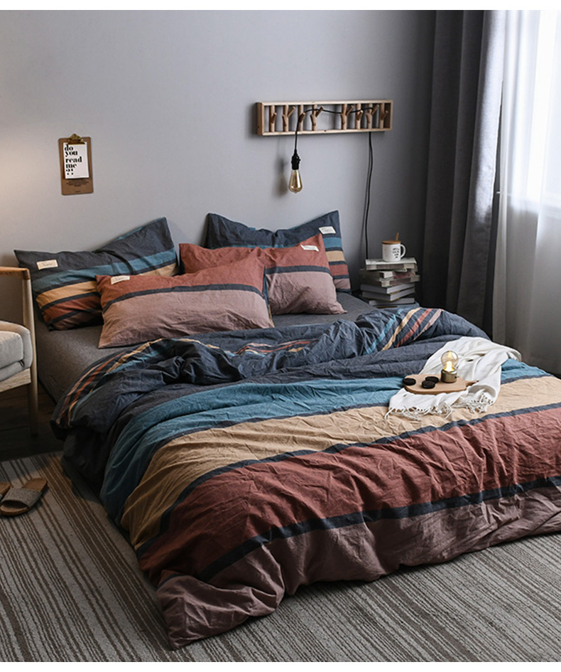 北欧风四件套纯棉全棉100水洗棉床上用品ins风被套宿舍三件套床单