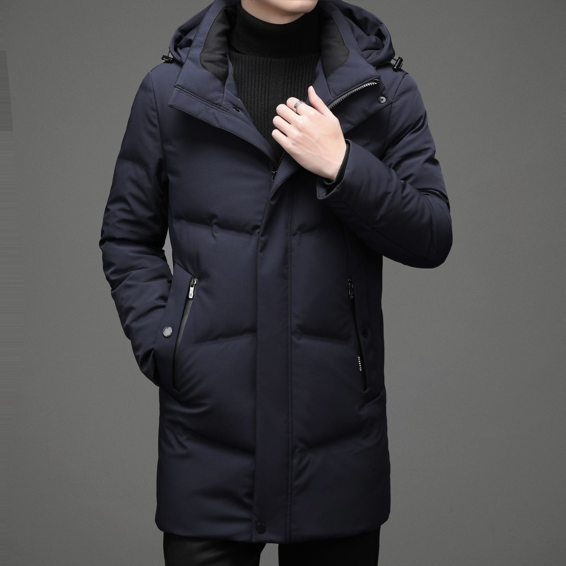 爸爸装冬季新款男士羽绒服商务休闲中长款连帽加厚保暖开衫男外套