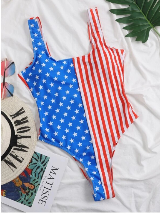 2020新款款美国国旗款印花泳衣女气质性感无袖连体比基尼