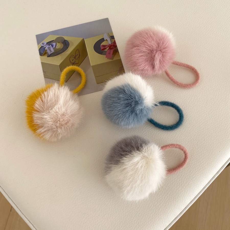 hellogirl 可爱拼色兔毛球球发绳少女心毛绒绒发圈温暖头绳发饰品