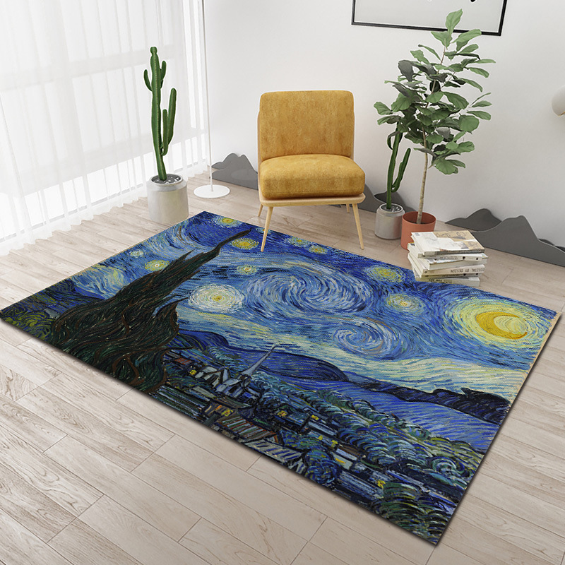 跨境梵高抽象画印花地毯地垫欧美风地垫卧室榻榻米床边垫一件代发
