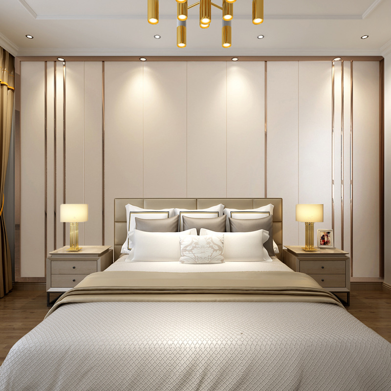 新中式硬包电视背景墙轻奢风现代沙发影视墙装饰金属条硬包