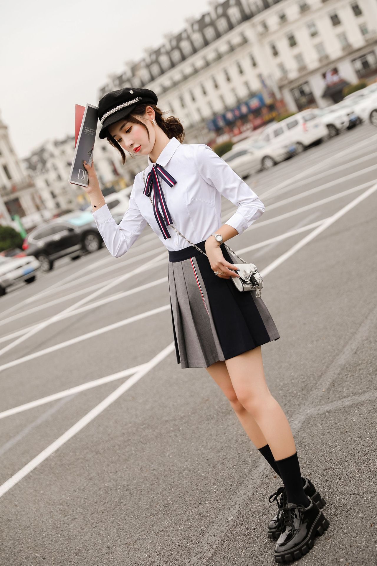 2020秋纯色学院风两件套长袖白衬衫百褶裙套装气质束腰学生装jk