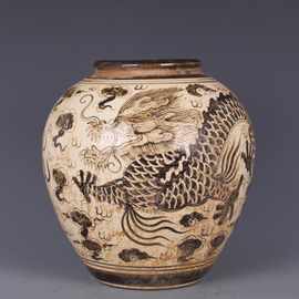 宋吉州窑墨彩云龙纹罐手绘仿古老货瓷器中式家居摆件古董古玩收藏