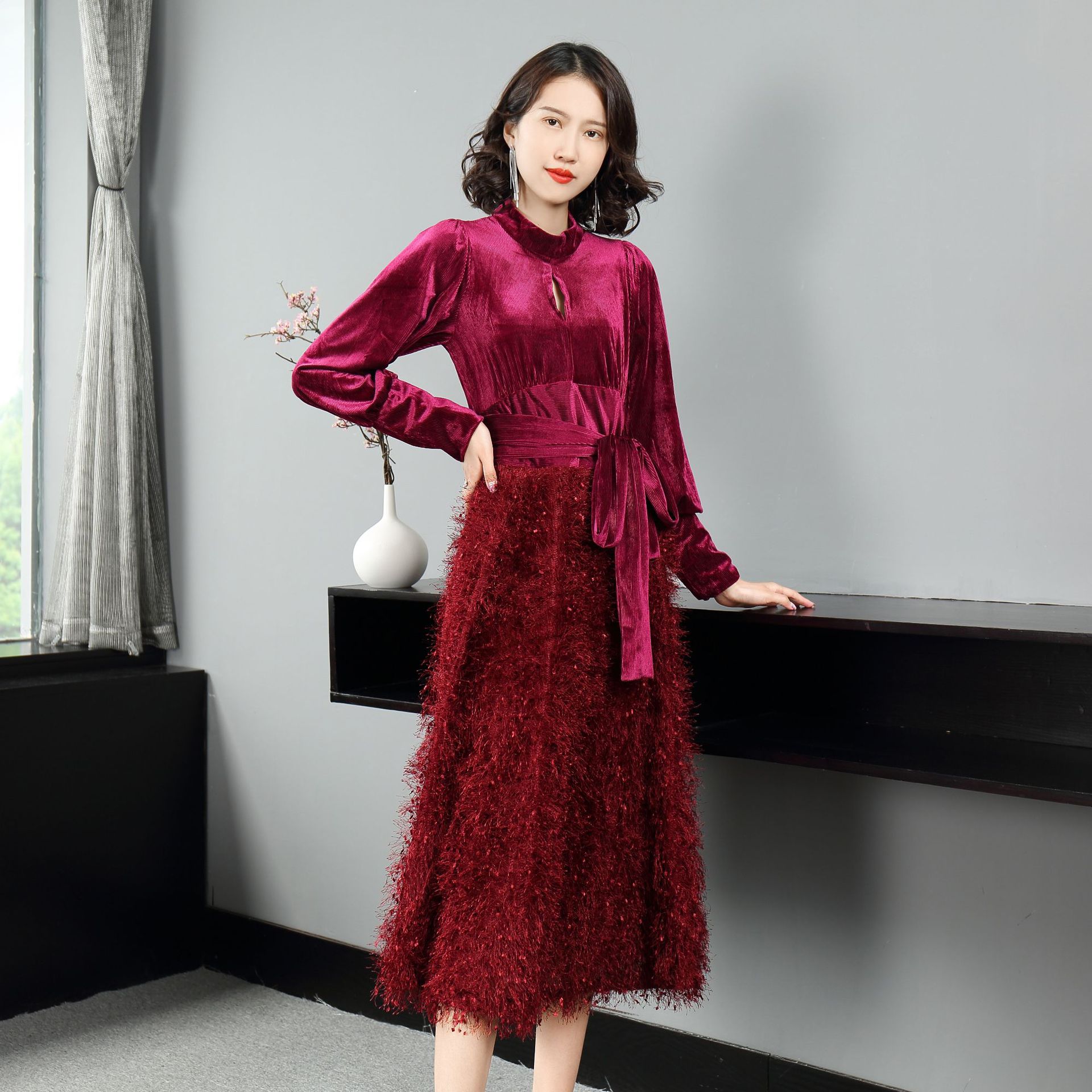 zy2020秋冬季新款女装 立领微弹丝绒拼接针织毛毛料时尚连衣裙