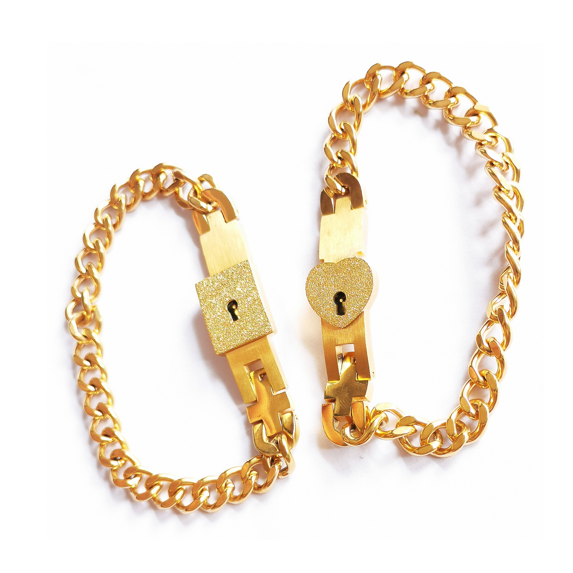 欧美创意款钛钢情侣手链一对不锈钢玫瑰金男女同心锁互锁钥匙手镯