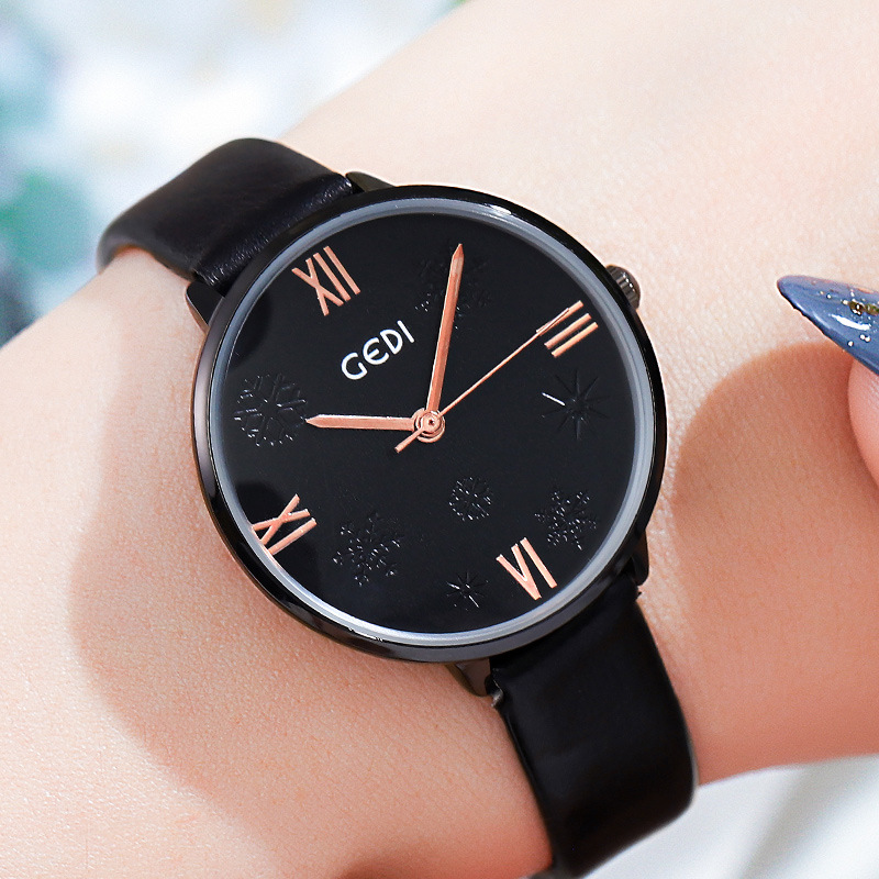 歌迪gedi圆形表盘雪花字面女表时尚潮流气质休闲女学生防水手表女
