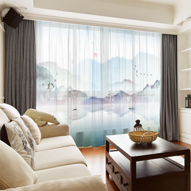 古风新中式纱帘布帘卧室客厅书房主题民宿诗词水墨画印花窗帘