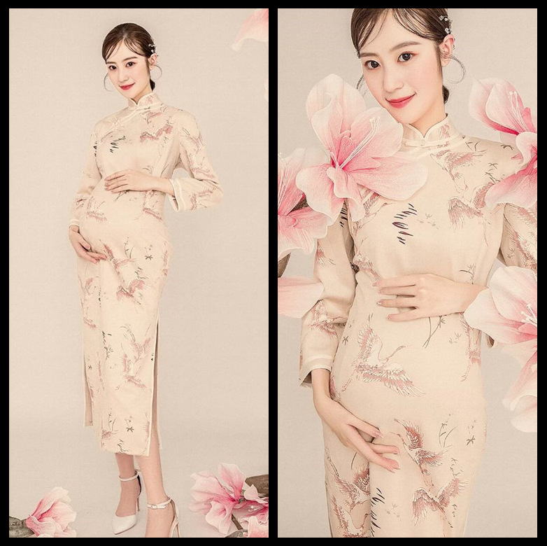 展会新款孕妇拍照服装国风印花旗袍写真艺术孕照影楼摄影孕妇装