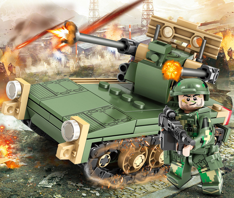 开智野战部队v2防空防导系统高炮坦克模型拼插积木儿童拼装玩具